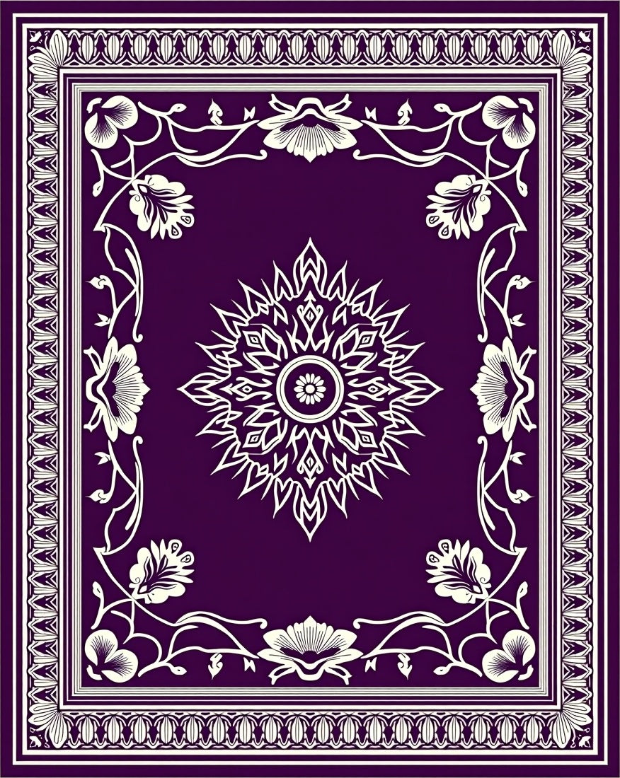 Deep Purple White Floral Mandala Border Rug