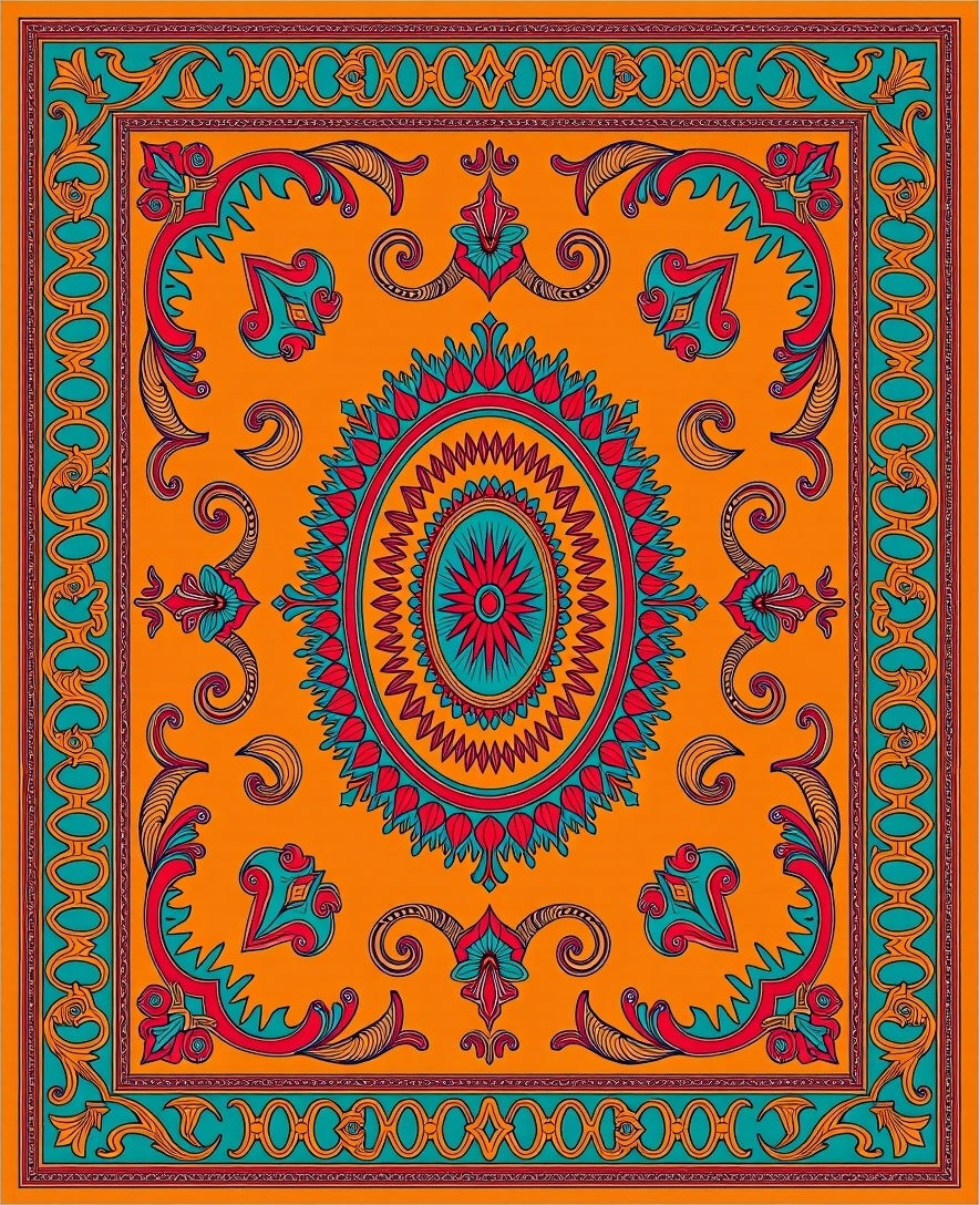 Vibrant Orange Floral Medallion Border Rug