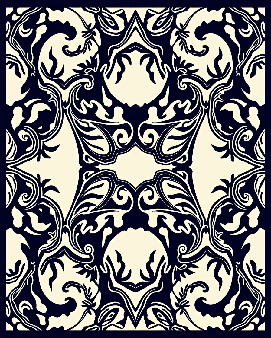 Dark Blue Cream Organic Foliage Rug