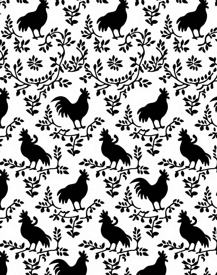 Country Black Rooster Vine Jacquard Rug
