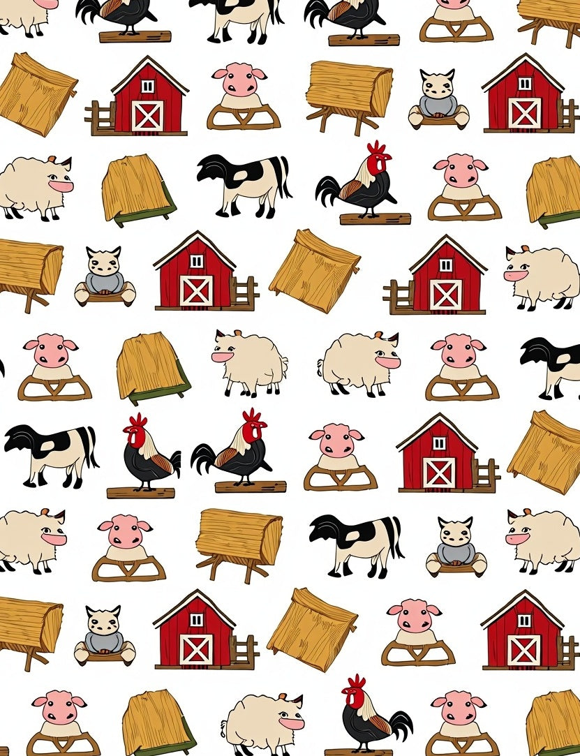 Farm Animals Barn Hay Bales Whimsical Red Rug