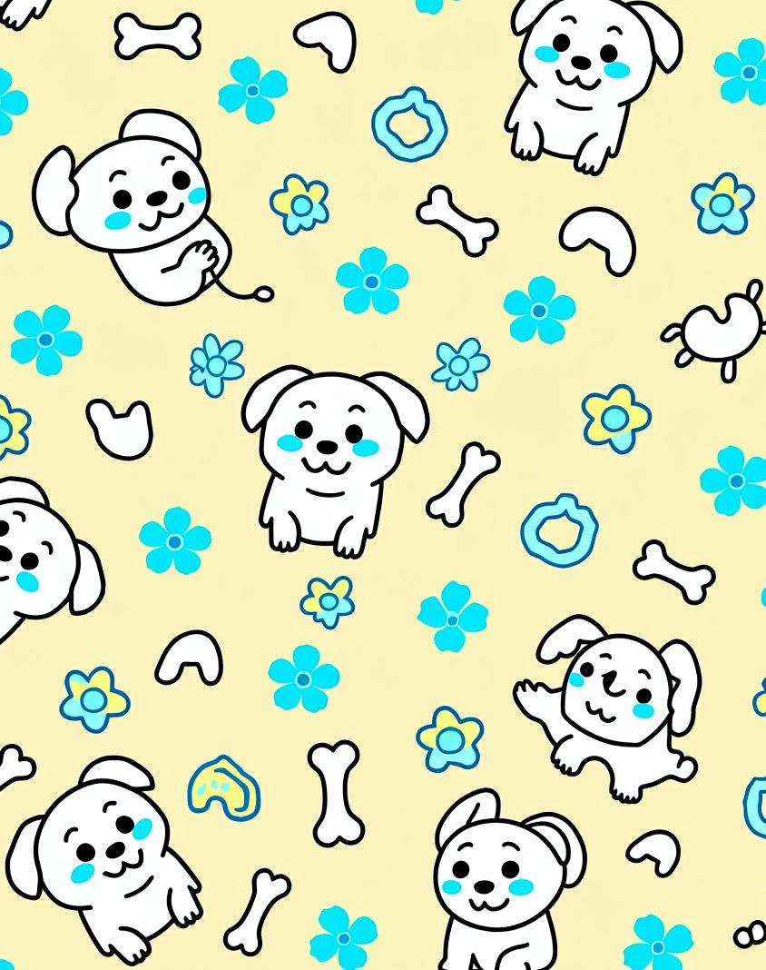 Playful White Puppies Blue Flowers Yellow Cream Rug