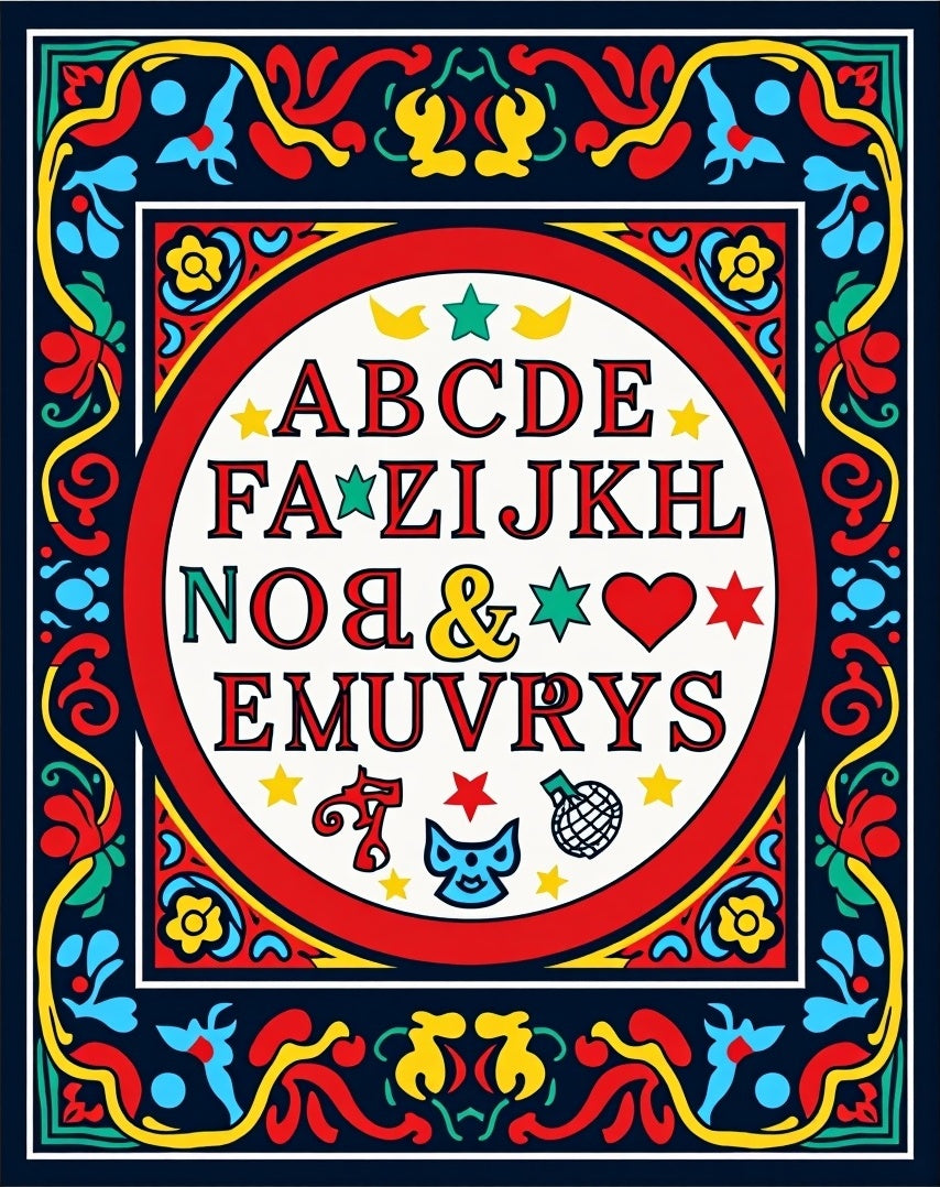 Colorful Alphabet Folklore Border Rug