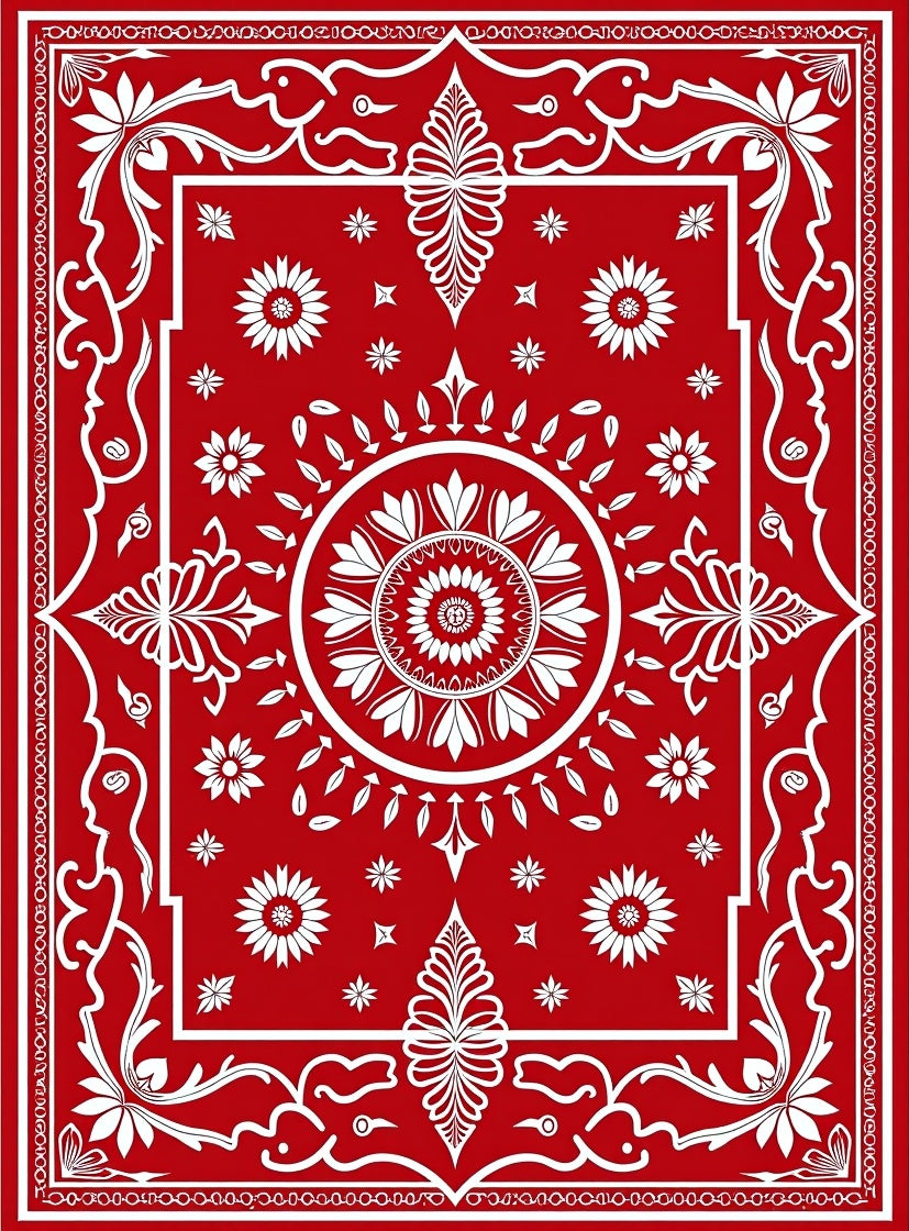 Bold Red Floral Concentric Circle Rug