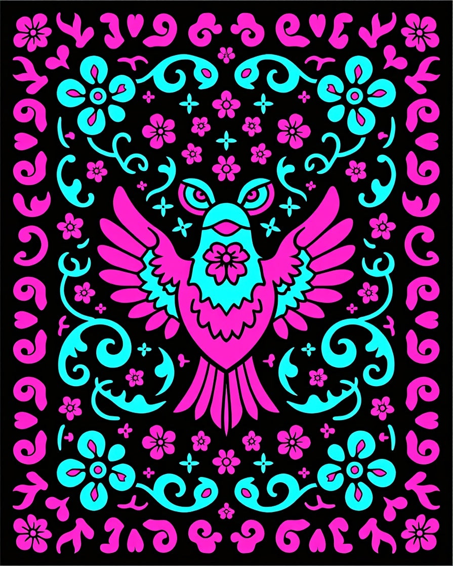 Vibrant Pink Teal Bird Floral Scroller Rug