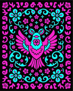Vibrant Pink Teal Bird Floral Scroller Rug