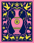 Pink Vase Yellow Birds Deer Border Rug