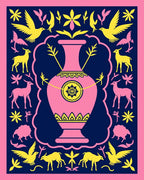 Pink Vase Yellow Birds Deer Border Rug
