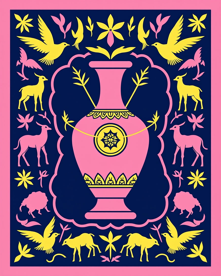 Pink Vase Yellow Birds Deer Border Rug