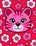 Pink Cat Floral Red Background Rug