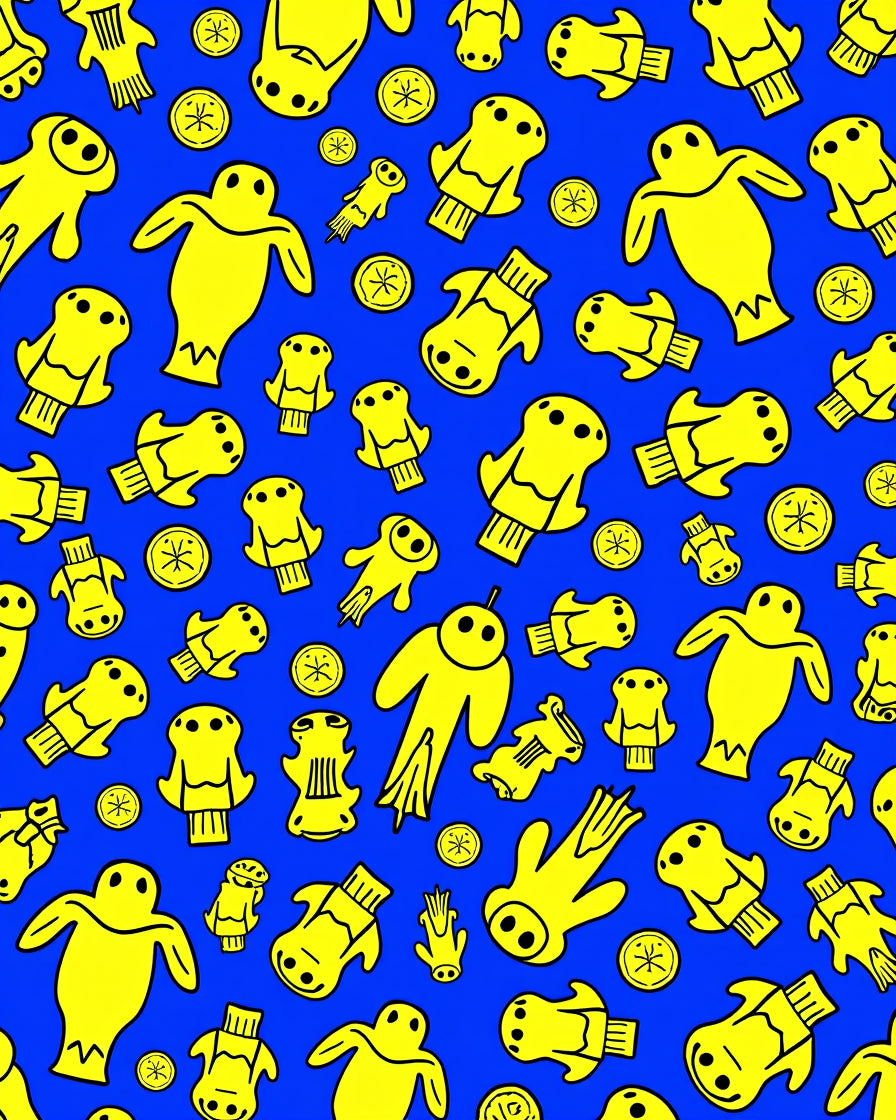 Vibrant Yellow Figures Blue Background Rug