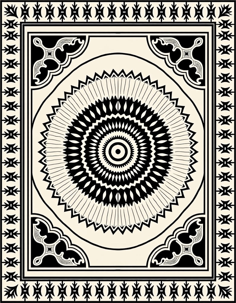 Bold Black and Ivory Medallion Border Rug