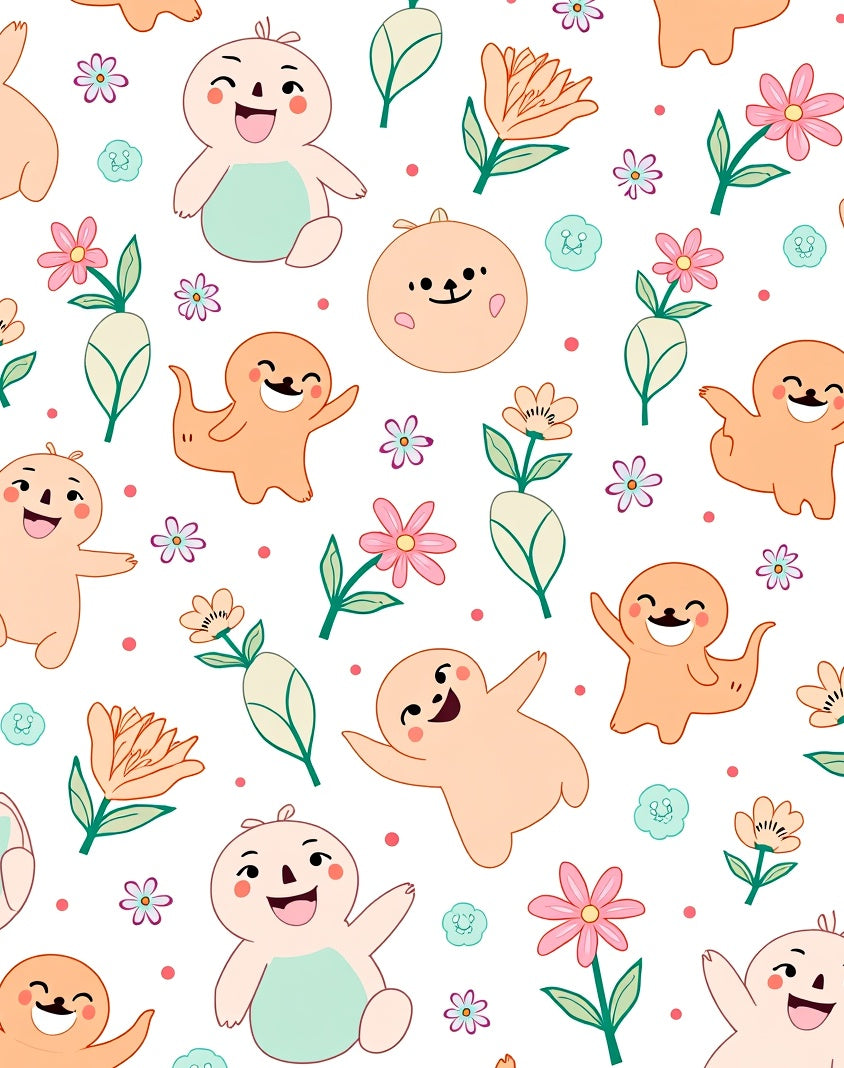 Happy Characters and Floral Scatter Rug