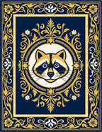 Ornate Navy Blue Raccoon Frame Rug