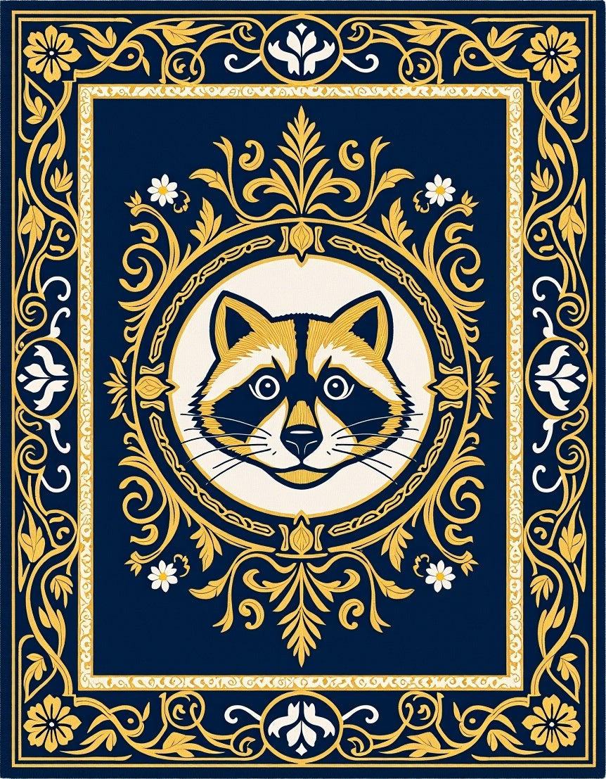 Ornate Navy Blue Raccoon Frame Rug