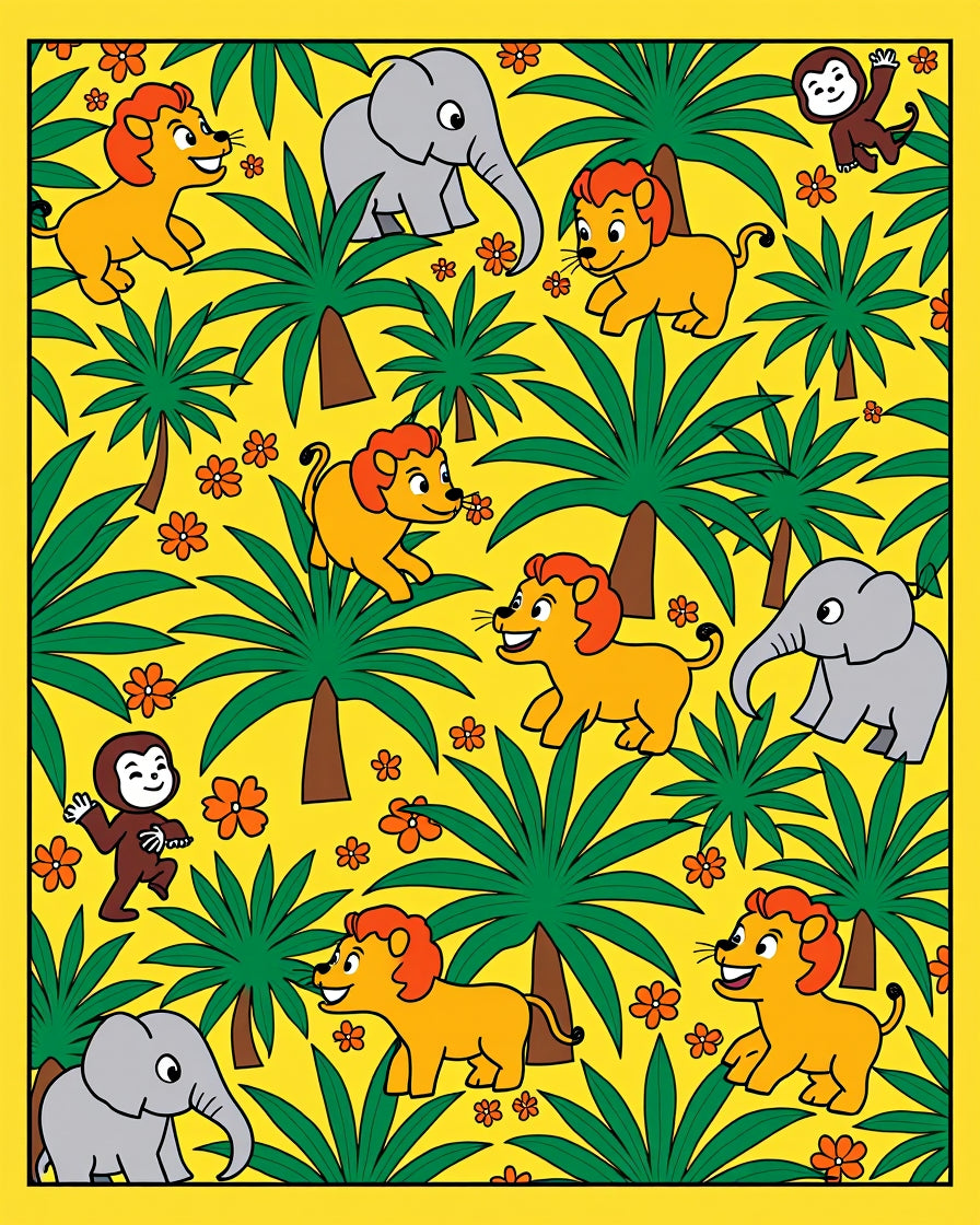Playful yellow jungle with lions elephants Rug