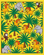 Playful yellow jungle with lions elephants Rug