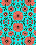 Coral Floral Vines Aqua Background Rug