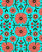 Coral Floral Vines Aqua Background Rug