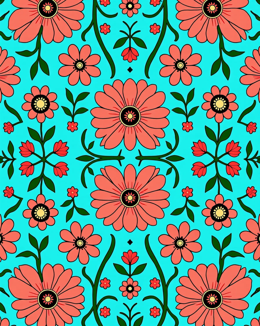 Coral Floral Vines Aqua Background Rug