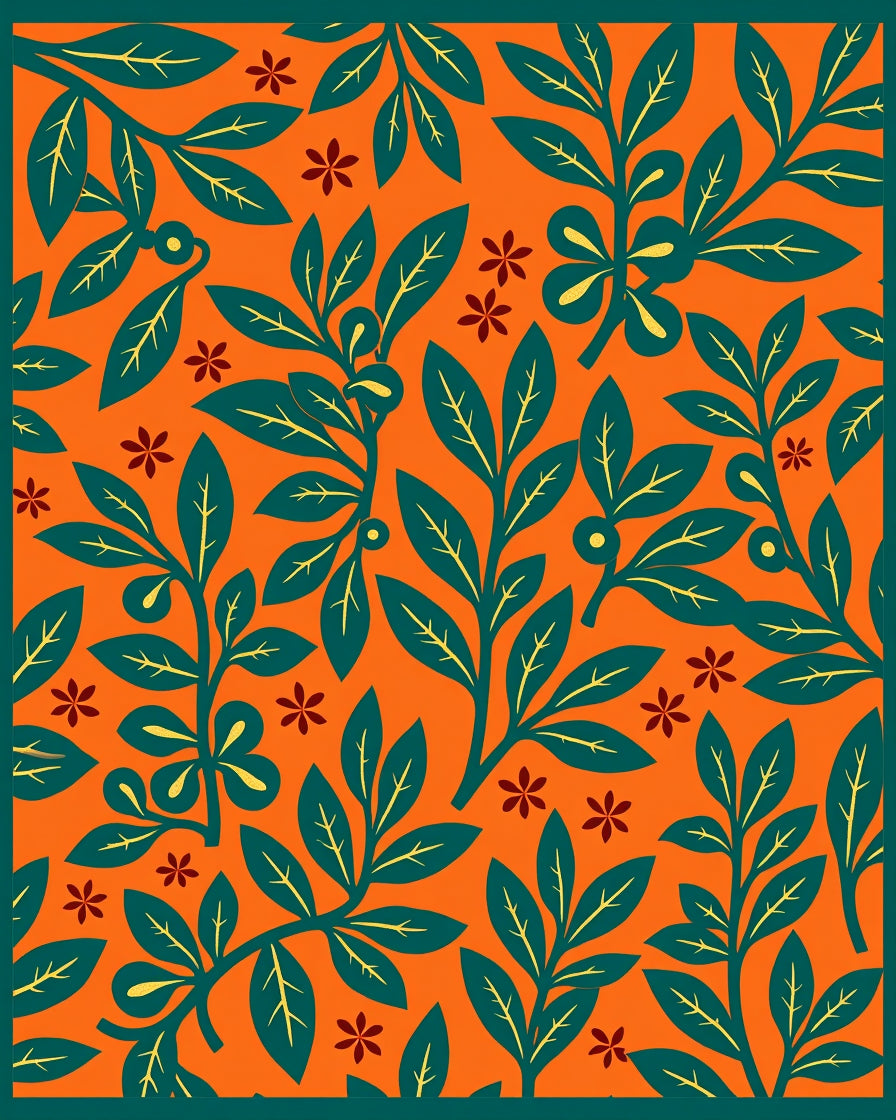 Orange Teal Foliage Floral Garden Rug