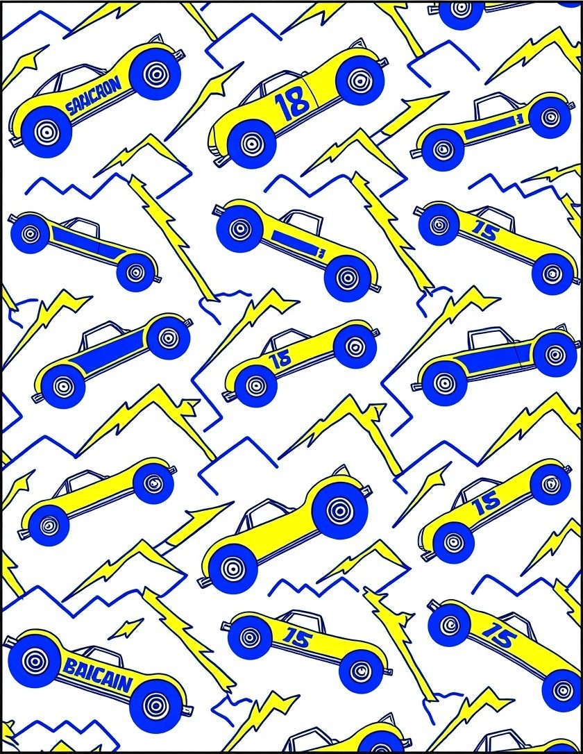Yellow Blue Racing Cars Lightning Bolt Rug