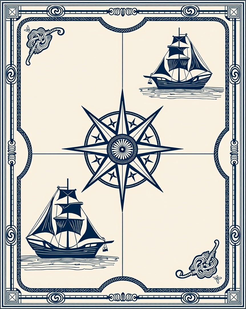 Nautical Ships Compass Rose Motif Rug