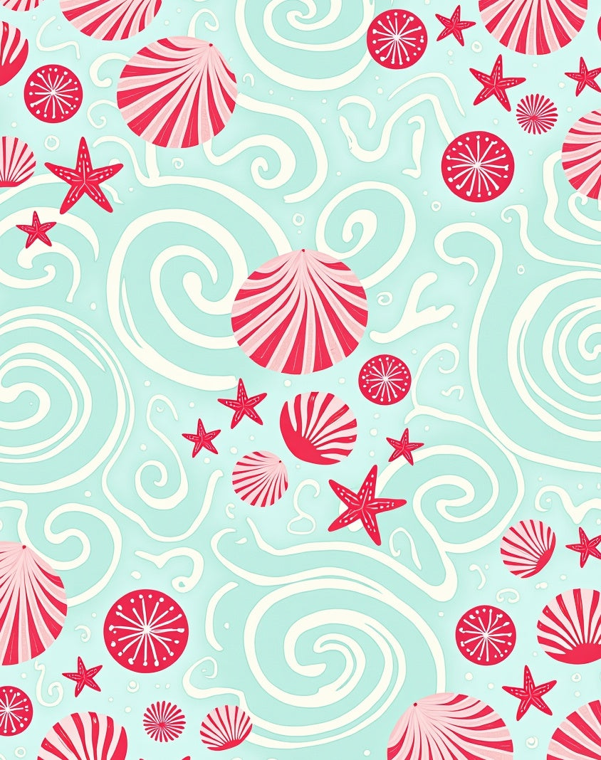 Aqua Red Seashell Starfish Swirls Rug