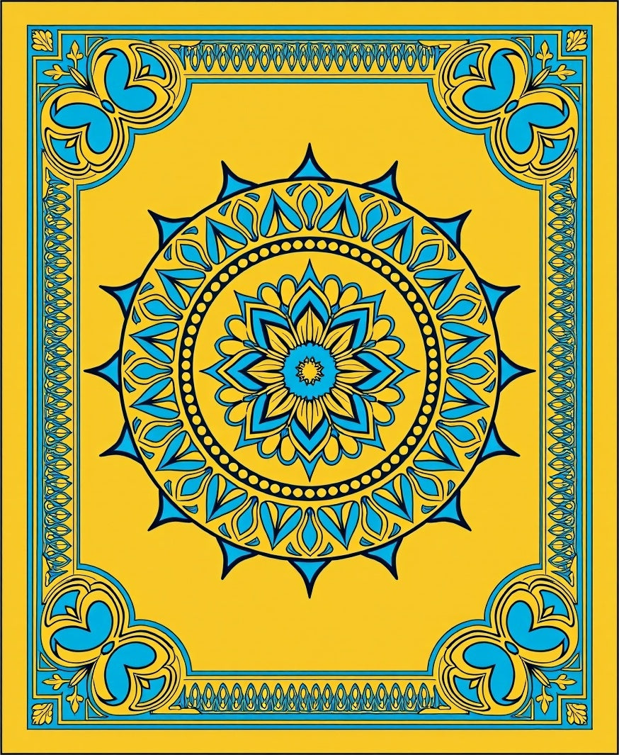 Golden Blue Sunburst Mandala BorderRug Rug