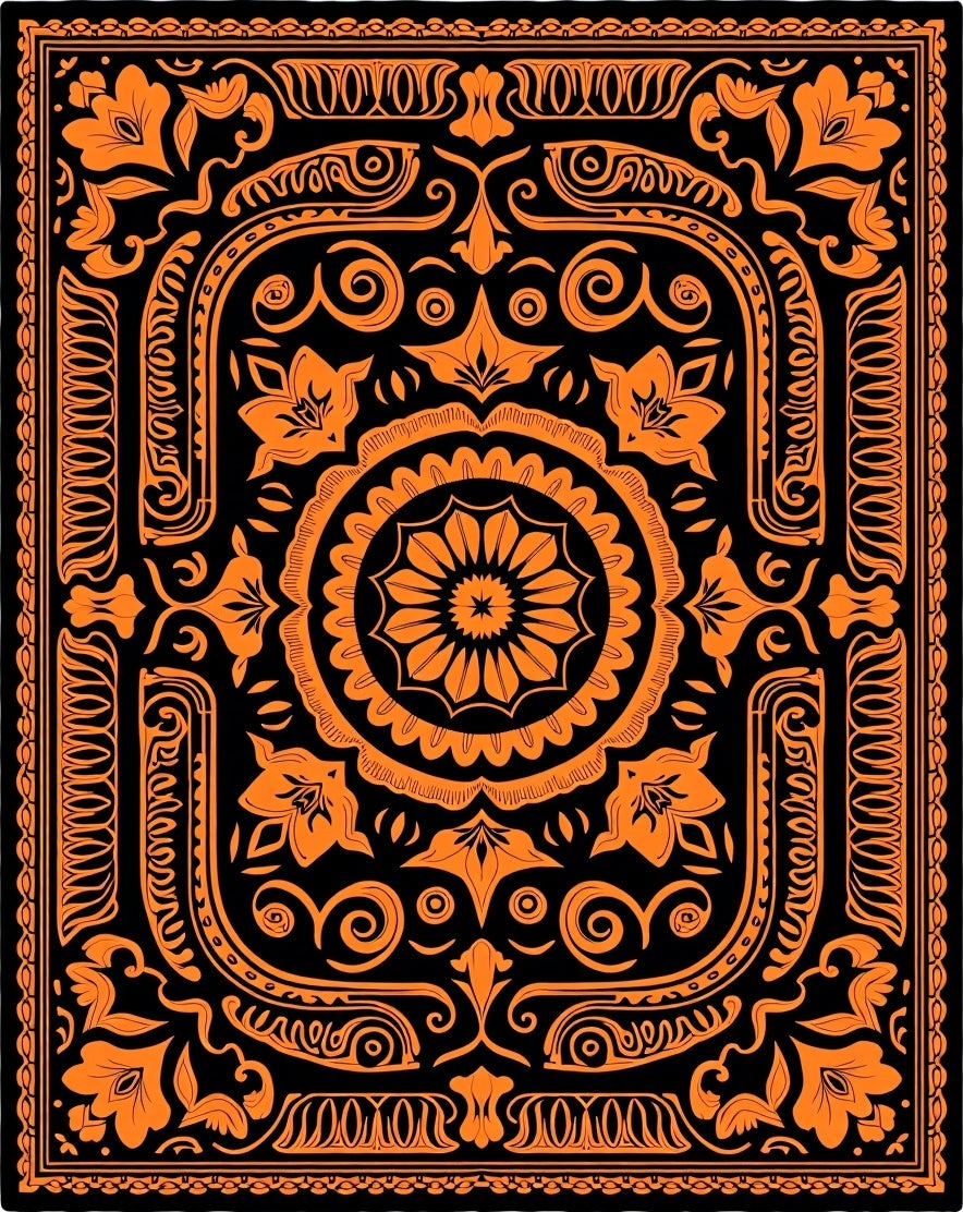 Vibrant Orange Floral Medallion Black Rug