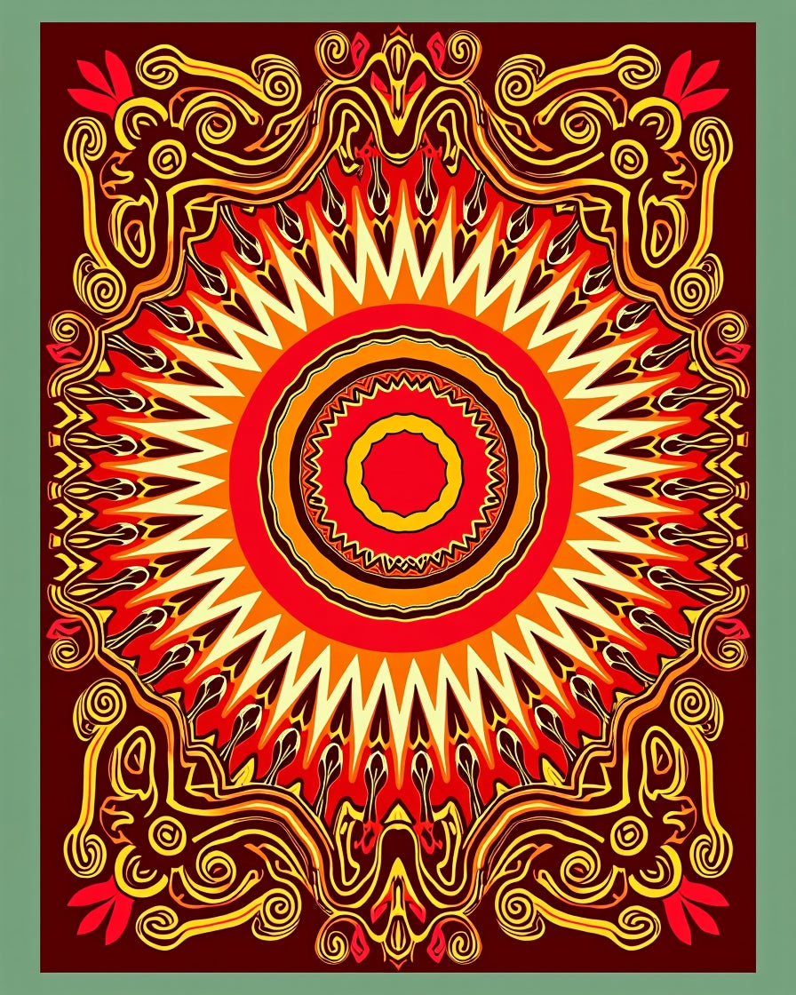 Vibrant Red Orange Sunburst Medallion Rug