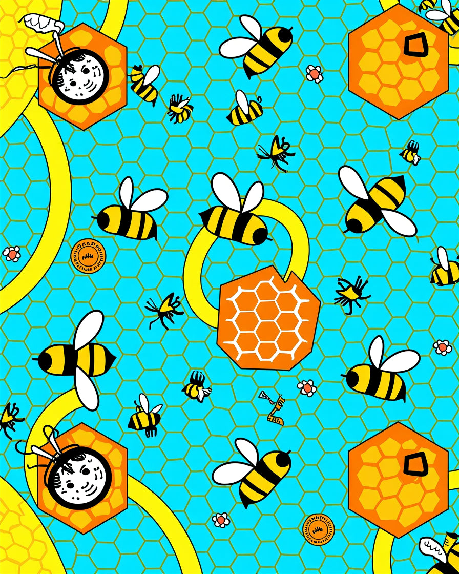 Whimsical Yellow Bee Honeycomb Turquoise Rug