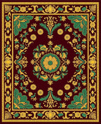 Crimson Emerald Golden Floral Medallion Rug