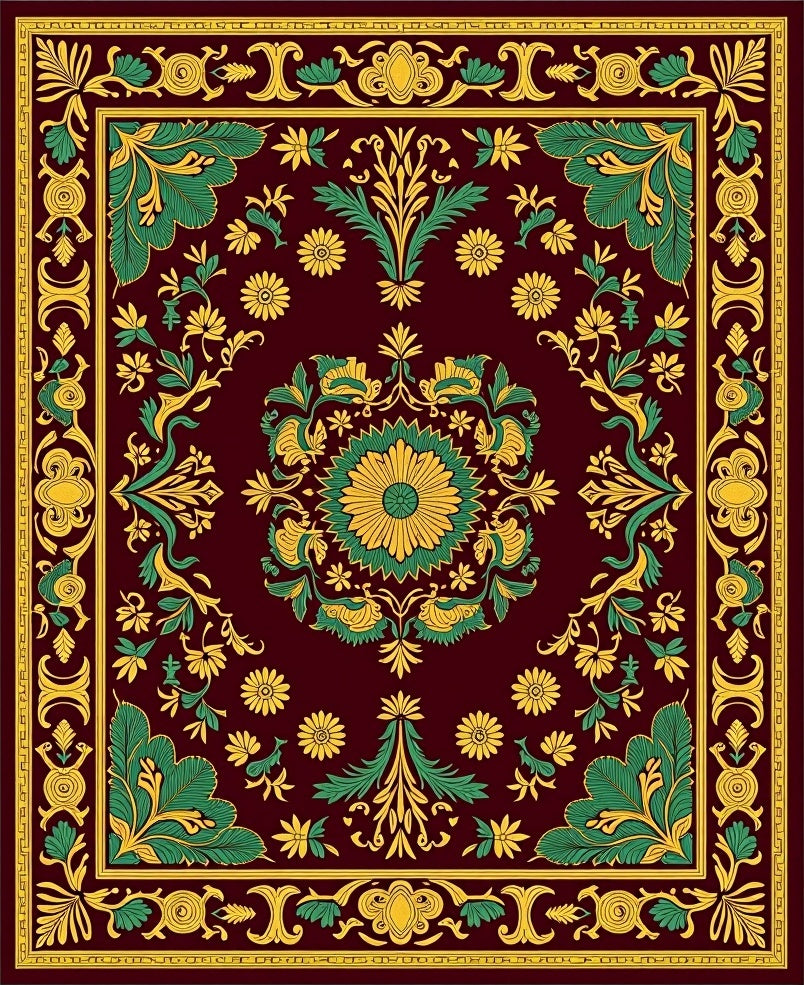 Crimson Emerald Golden Floral Medallion Rug