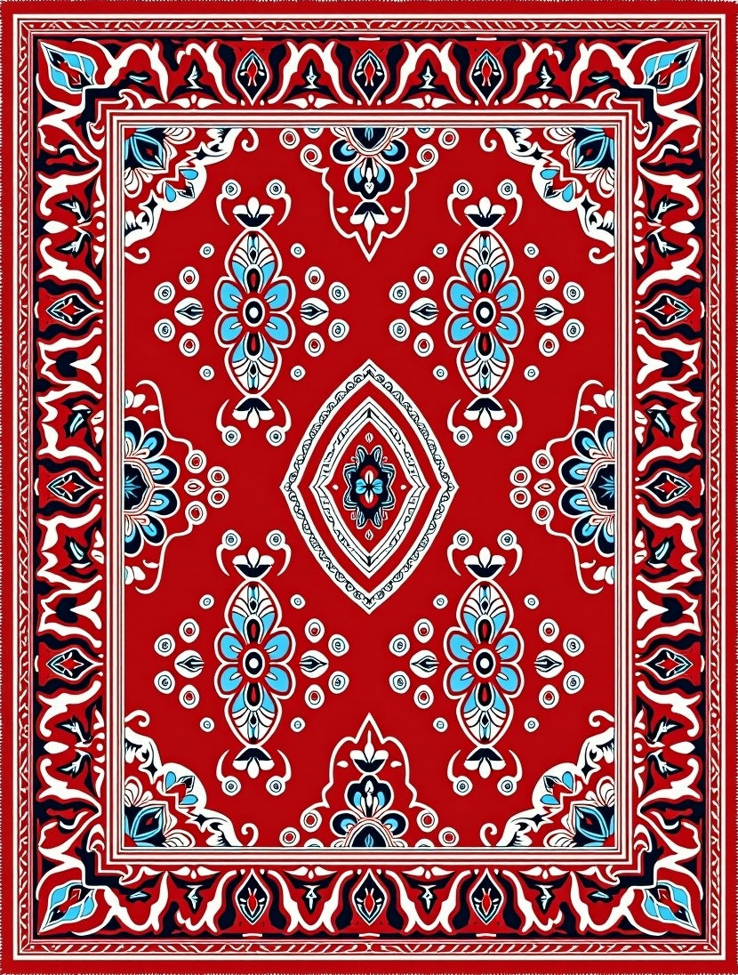 Crimson Red Symmetric Floral Border Rug