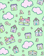 Pastel Houses and Clouds Alphabet Numbers Rug