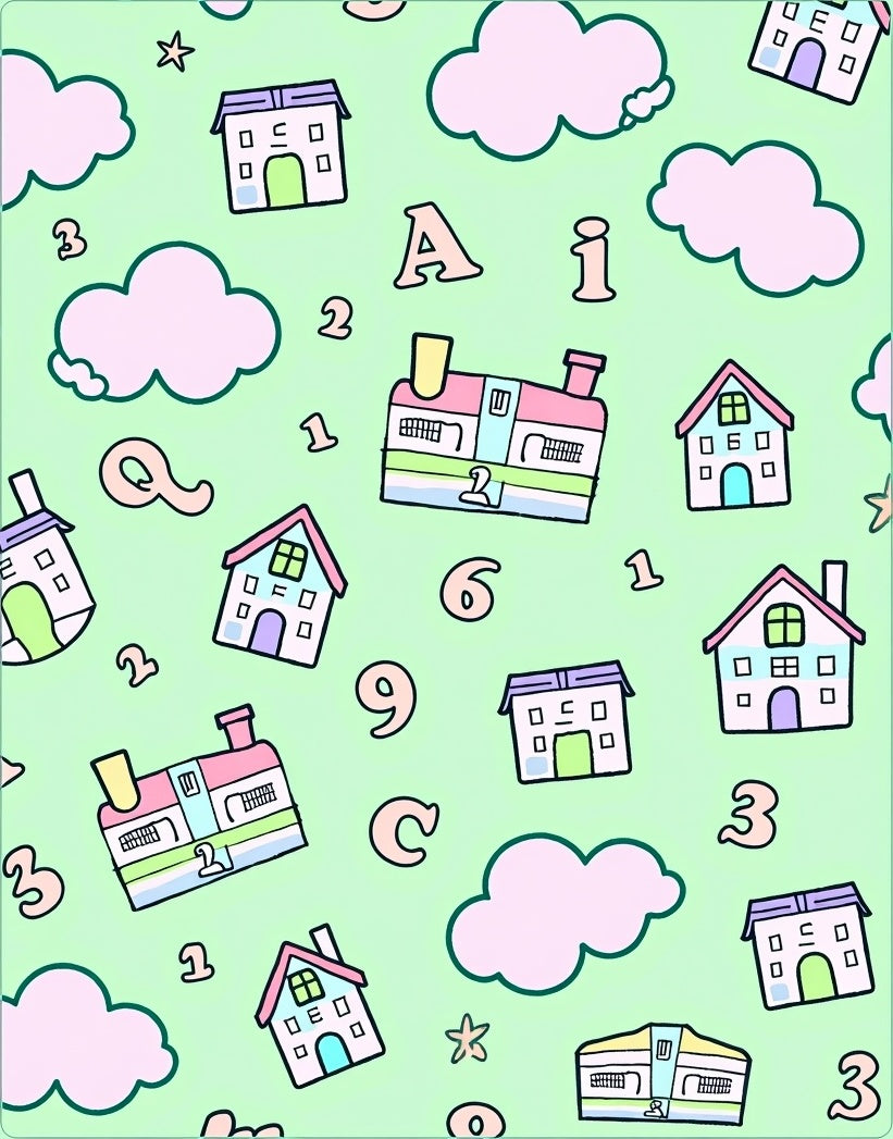 Pastel Houses and Clouds Alphabet Numbers Rug