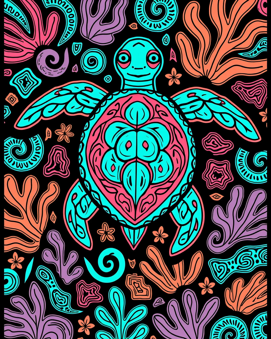 Oceanic Turtle Vibrant Coral Swirls Rug