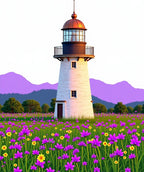 Vibrant Purple Floral Lighthouse Landscape Rug
