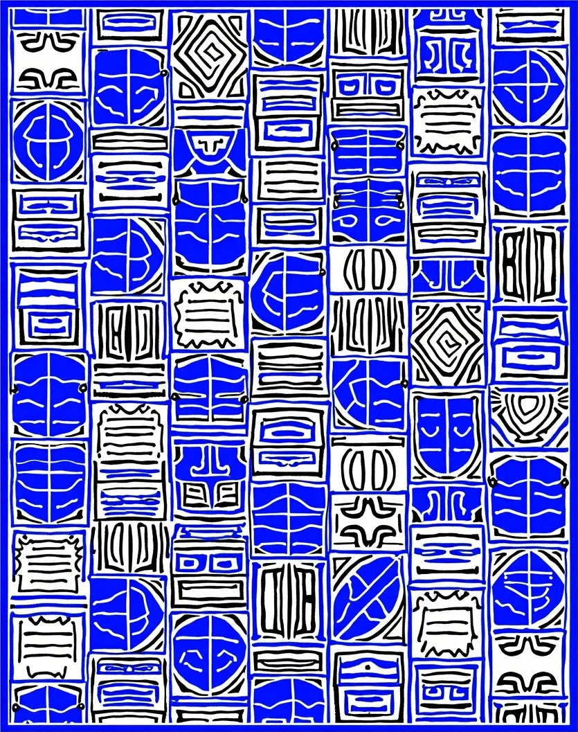 Bold Blue Grid Abstract Squares Rug
