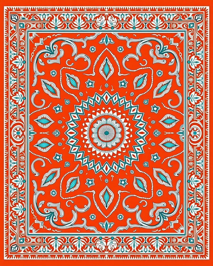 Orange Teal Floral Medallion Garden Rug