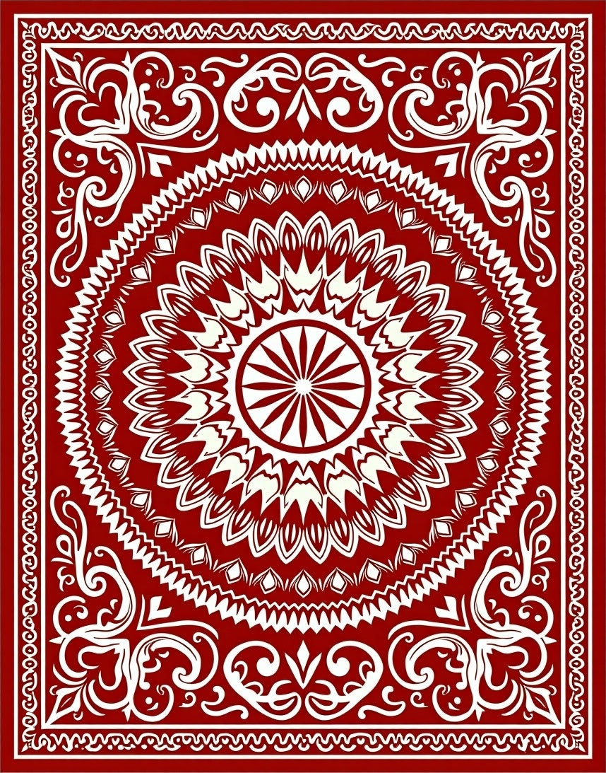 Rich Red Ornate Scrollwork Sunburst Rug