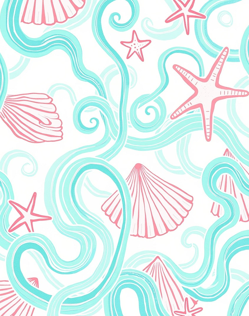Coral Seashells and Aqua Waves Rug