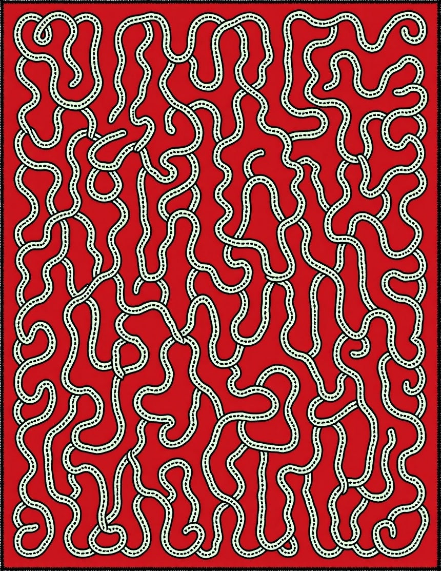 Red Abstract Winding Line Field Rug