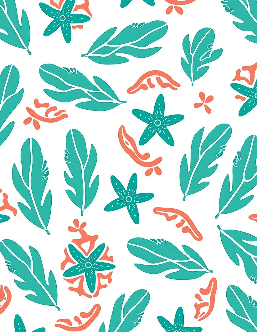 Teal Coral Starfish Leaf Collage Rug