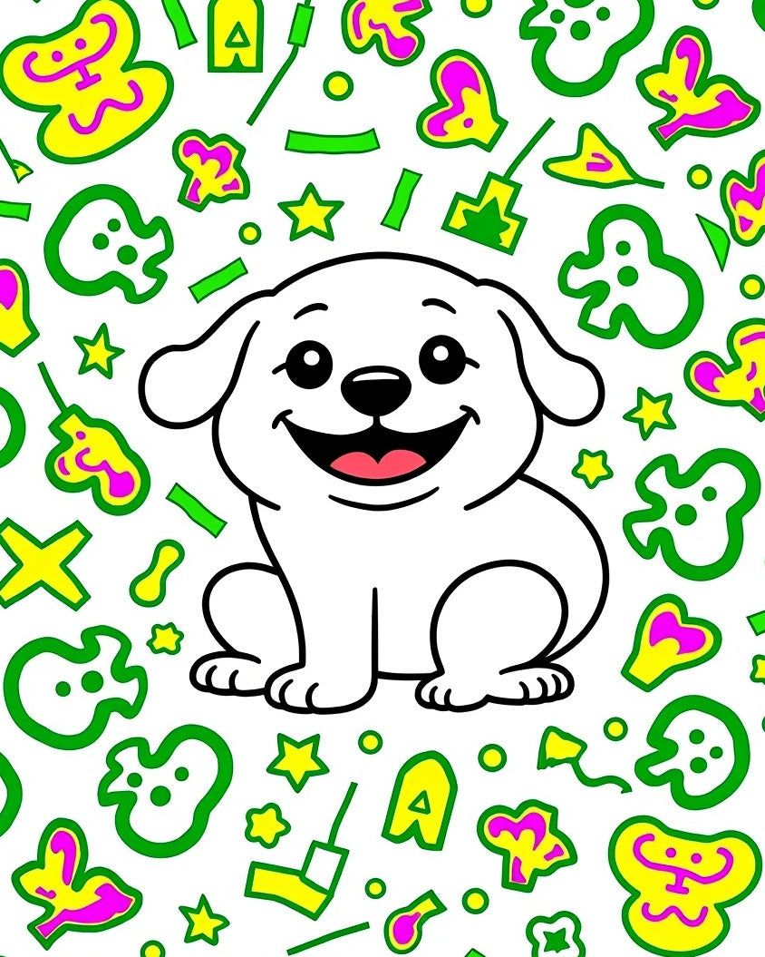 Happy White Puppy With Yellow Shapes Rug