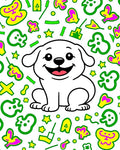 Happy White Puppy With Yellow Shapes Rug