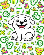 Happy White Puppy With Yellow Shapes Rug