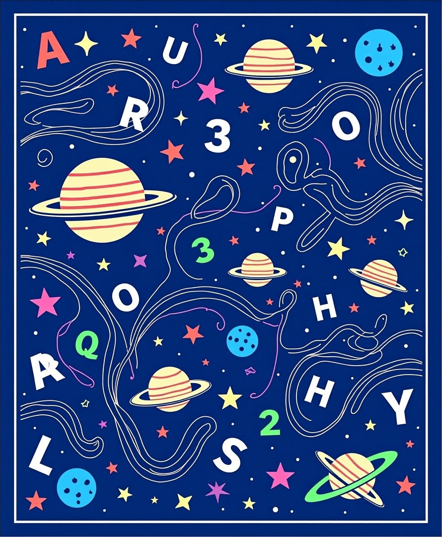 Cosmic Blue Planetary Alphabet Swirls Rug