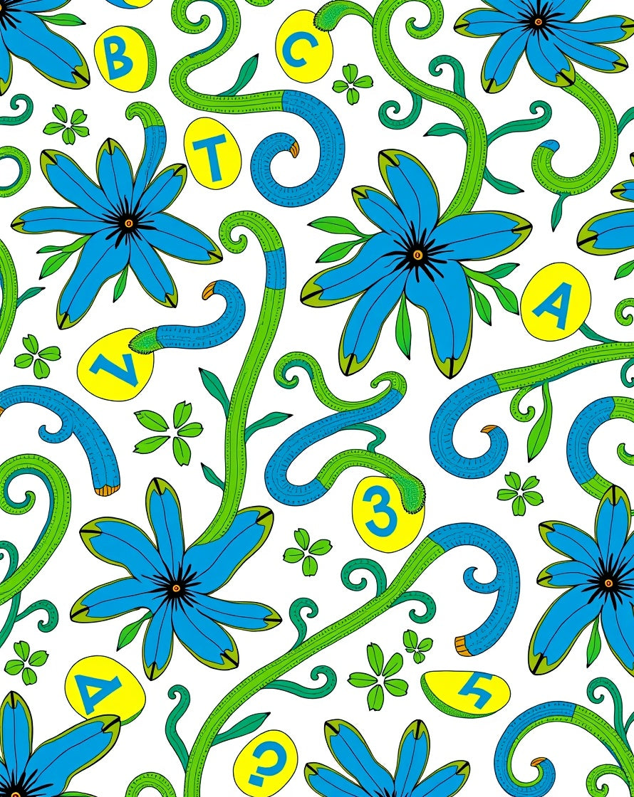 Blue Floral Vines With Alphabet Numbers Rug